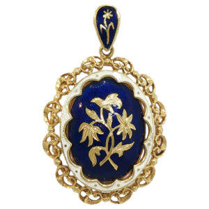Estate Yellow Gold Blue Enamel Floral Scrollwork Pendant