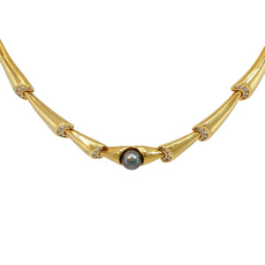 Estate Yellow Gold Articulated Dark Pearl Choker Necklace