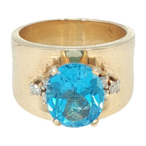 Estate Oval Blue Topaz Wide Band Cocktail Ring in Yellow Gold